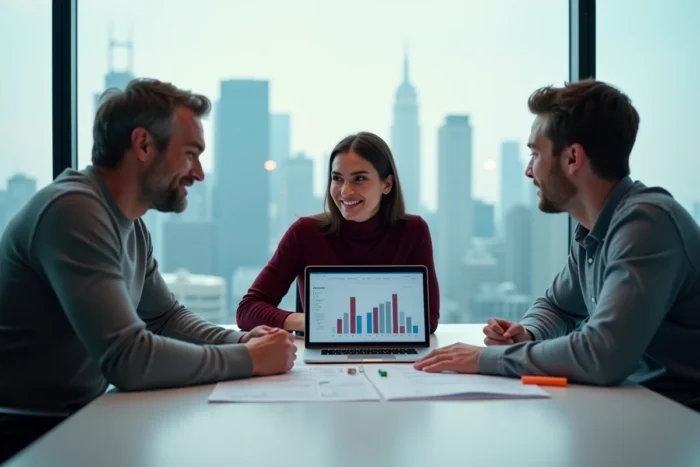 Équipe marketing pluridisciplinaire analysant des données de croissance autour d'une table de réunion en entreprise