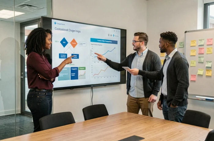 Équipe de professionnels collaborant sur une stratégie digitale devant un écran interactif en salle de réunion