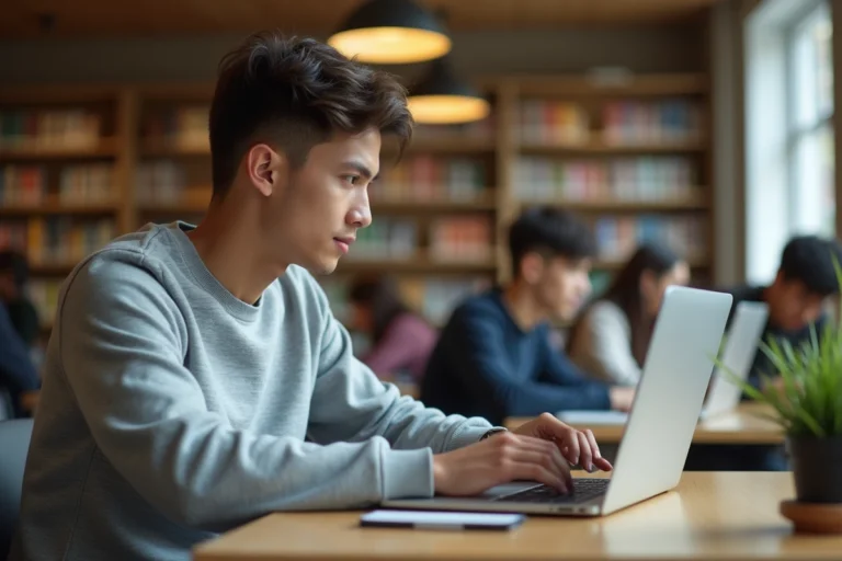 Étudiant connecté à son ENT depuis un ordinateur portable dans une bibliothèque universitaire moderne