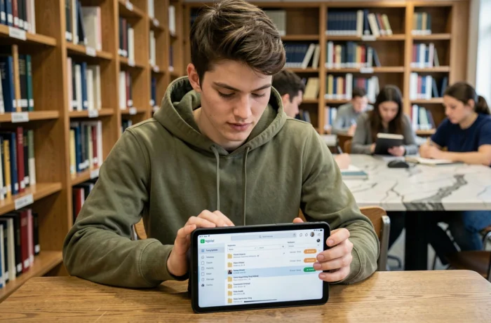 Étudiant consultant le webmail Convergence Bordeaux sur une tablette dans une bibliothèque universitaire