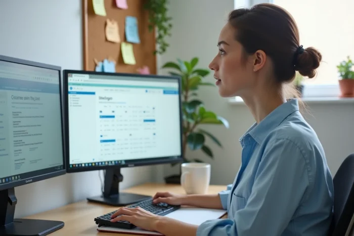 Étudiante optimisant son accès à l'ENT CESI depuis son bureau à domicile avec double écran