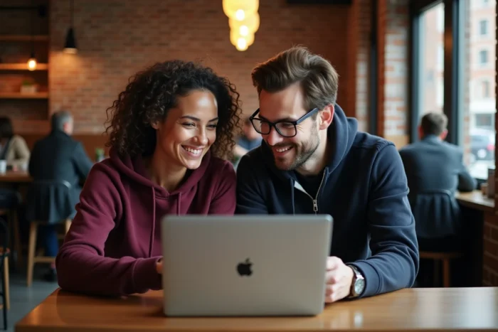 Deux étudiants résolvant ensemble un problème de connexion à l'ENT dans un café