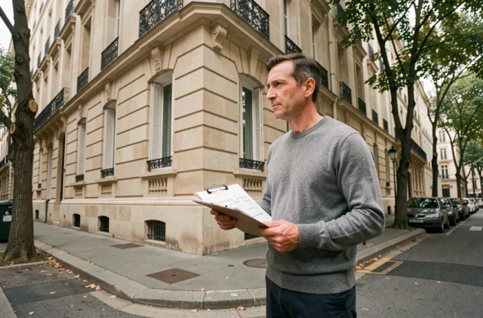 Investisseur immobilier évaluant la façade d'un immeuble rénové dans une rue parisienne