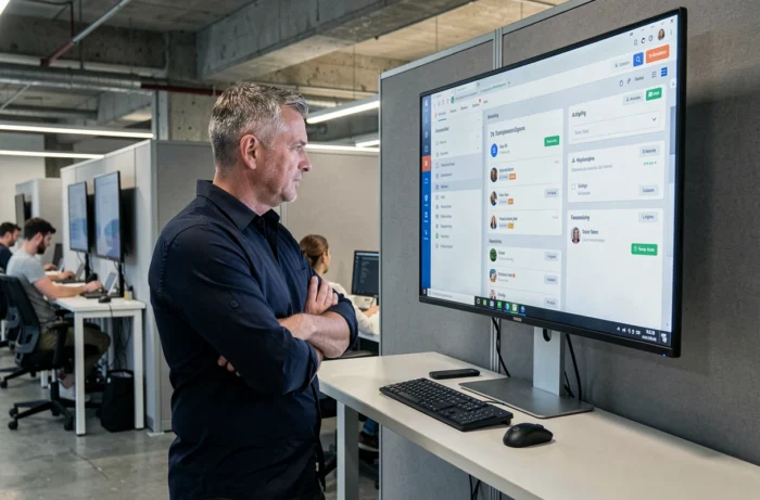 Homme professionnel évaluant les points forts d'une interface numérique sur un grand écran dans un espace de coworking
