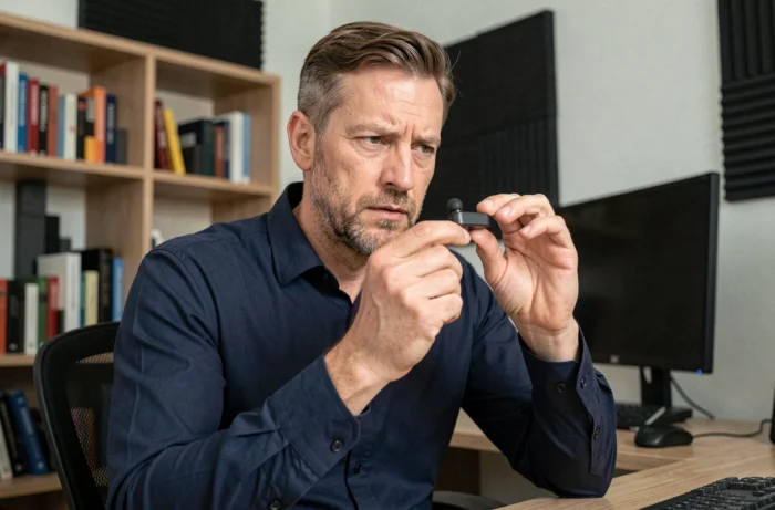 Homme examinant attentivement un dispositif audio intra-auriculaire dans un bureau à domicile, symbolisant les interrogations sur les risques auditifs des stimulateurs sonores