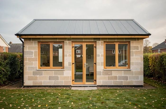 Extérieur d'une maison individuelle économique construite en blocs Gablok, exemple de maison kit isolante et abordable