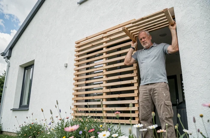 Homme installant des brise-soleil en bois sur la façade d'une maison écologique avec jardin de fleurs sauvages