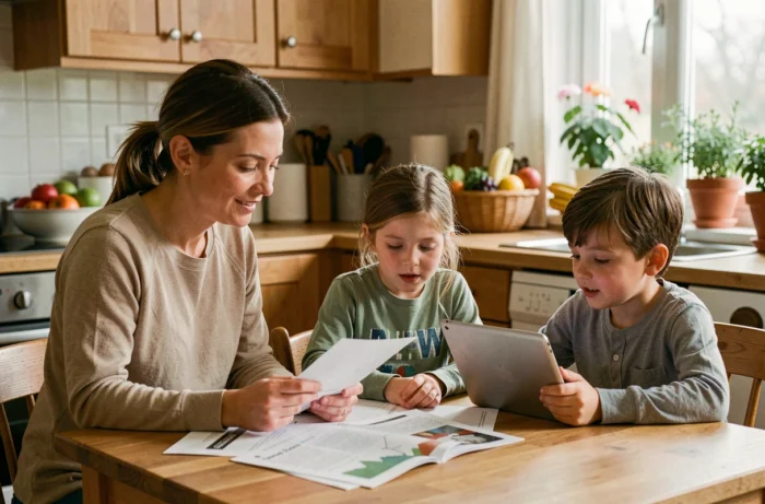 Mère et enfants consultant des ressources familiales ensemble autour d'une table en bois dans une cuisine chaleureuse