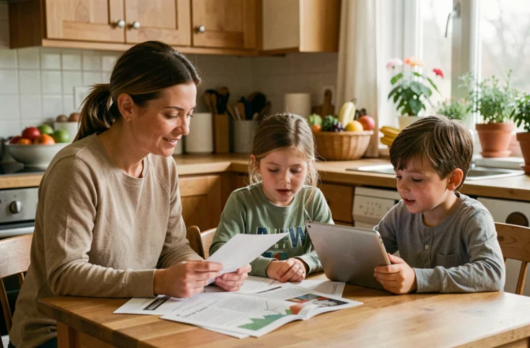 Mère et enfants consultant des ressources familiales ensemble autour d'une table en bois dans une cuisine chaleureuse