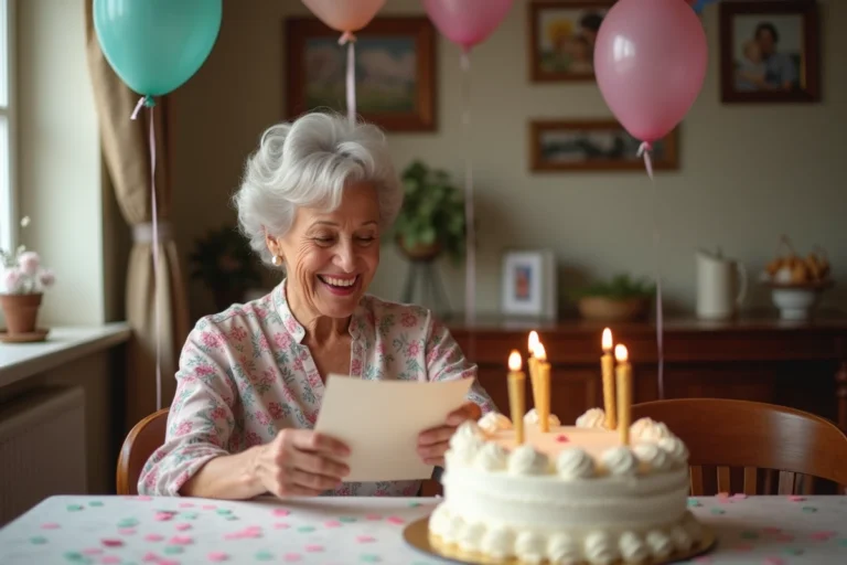 Femme de 70 ans riant en lisant une carte d'anniversaire humoristique entourée de décorations festives