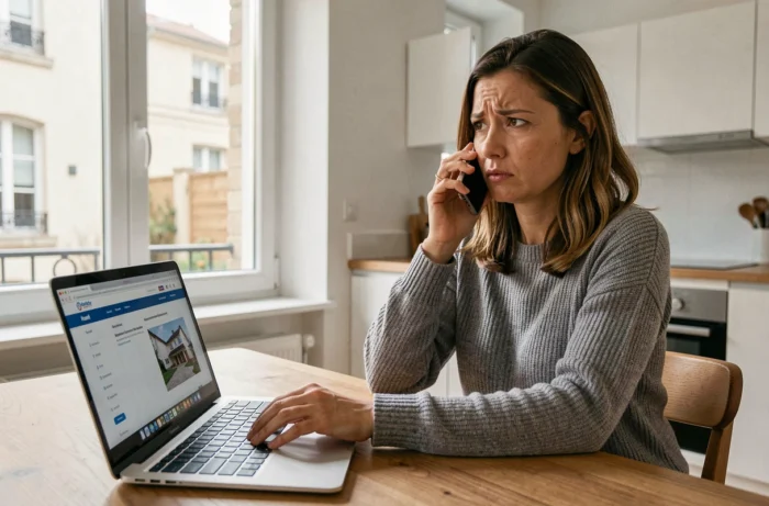 Femme inquiète passant un appel téléphonique d'urgence au service client Foncia depuis son appartement