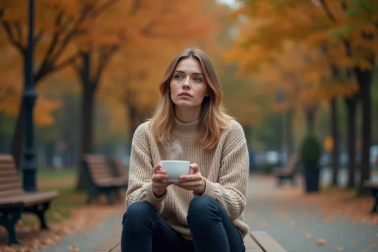 Femme songeuse tenant un café dans un parc en automne, illustrant l'attachement émotionnel féminin et l'introspection sentimentale