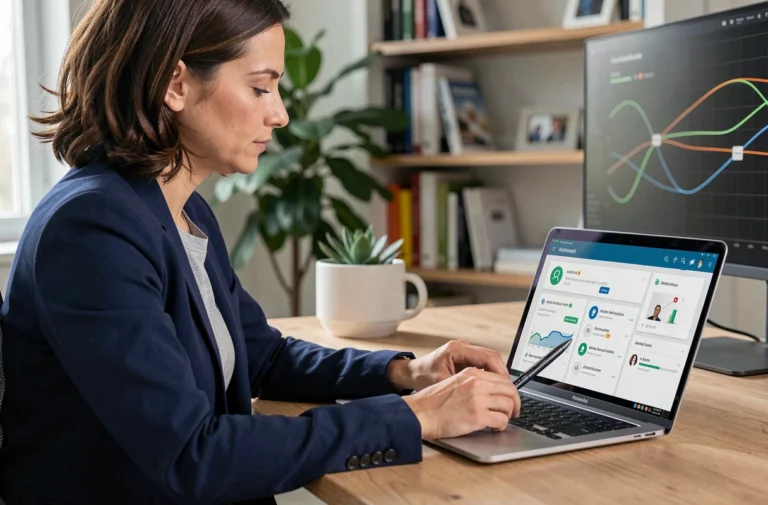 Femme professionnelle utilisant un logiciel antivirus sur son ordinateur portable dans un bureau moderne