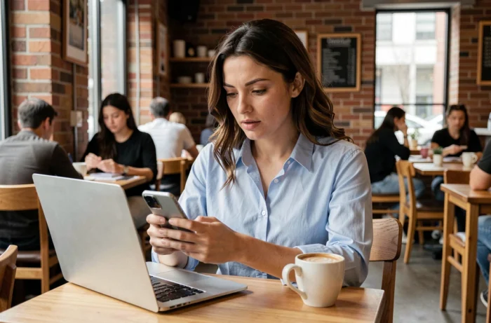 Femme dans un café consultant son téléphone pour trouver une solution d'accès à une plateforme en ligne