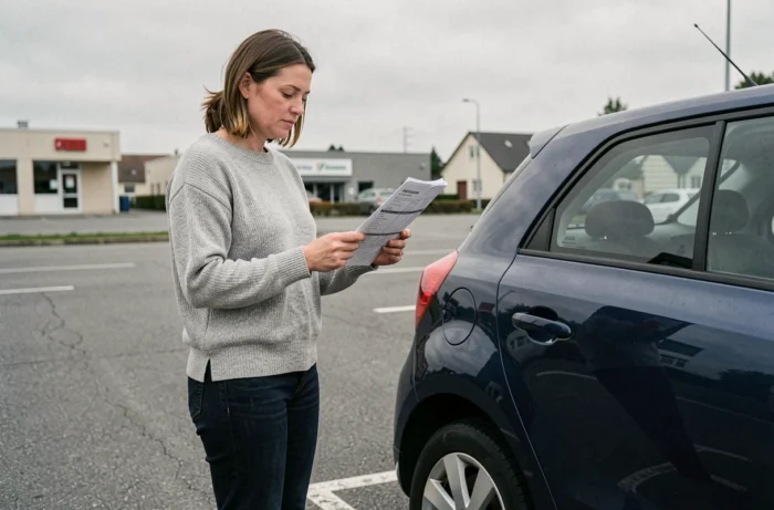 Femme consultant une fiche technique de pneu à côté de sa voiture pour choisir entre un indice 91V et 94V