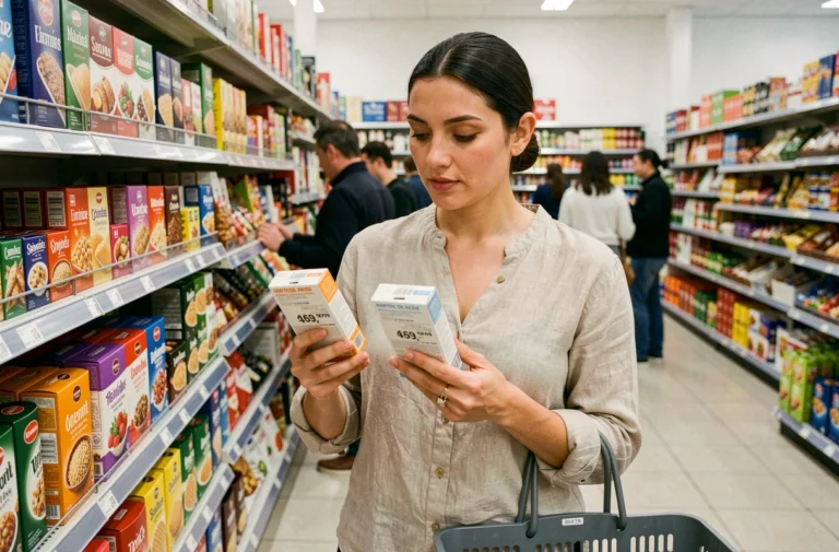 Femme comparant les prix de produits alimentaires dans un supermarché pour économiser sur ses courses quotidiennes