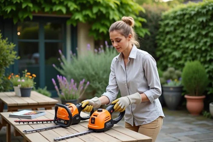Femme comparant deux taille-haies télescopiques sur une table de jardin pour choisir le meilleur modèle