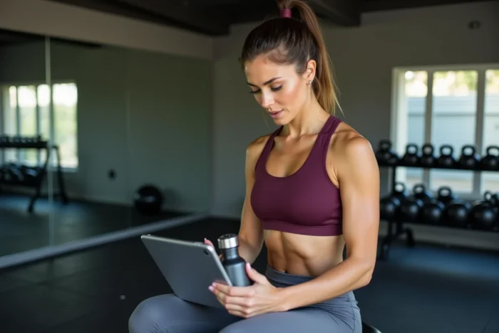 Femme consultant un programme de musculation full body sur tablette dans une salle de sport