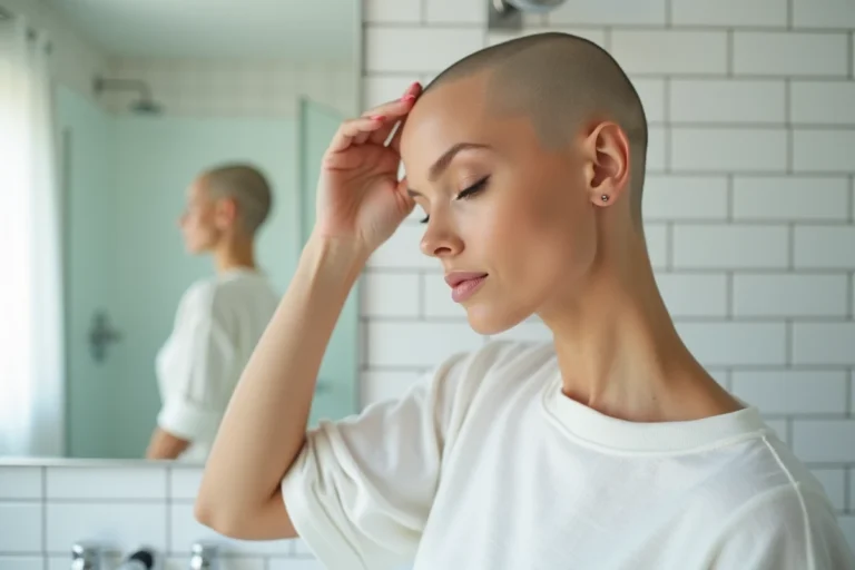 Femme aux cheveux rasés se touchant le crâne devant un miroir dans une salle de bain minimaliste