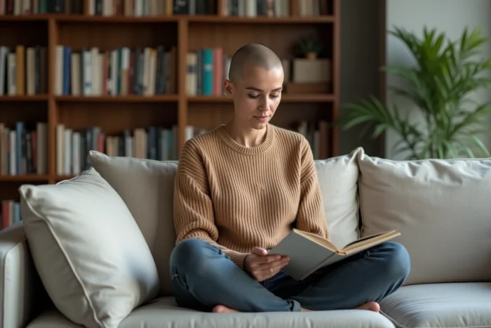 Femme aux cheveux rasés lisant un magazine dans un salon moderne avec mur en béton