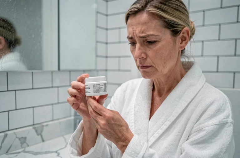 Femme de 45 ans lisant les effets secondaires d'une crème anti-rides dans sa salle de bain