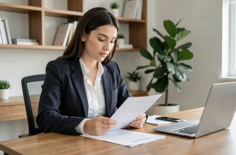 Jeune femme entrepreneur étudiant des documents de création d'entreprise dans un bureau moderne à domicile