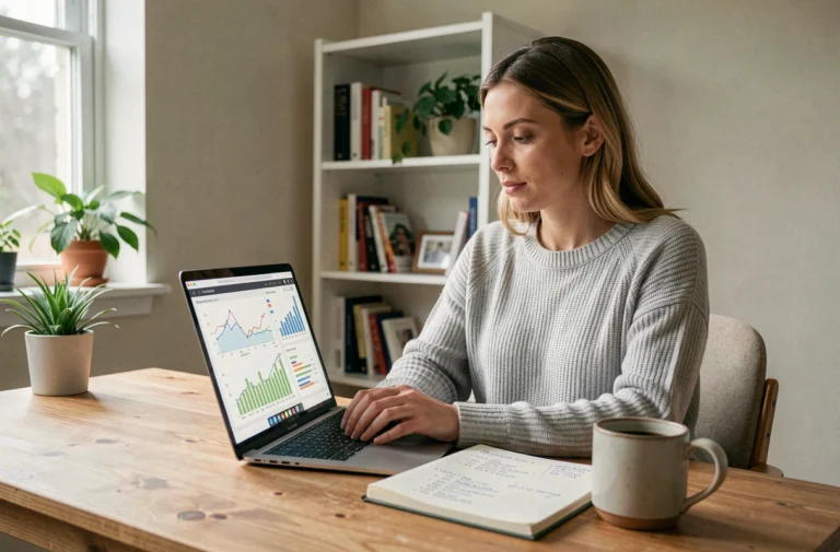 Femme consultant des graphiques de finance personnelle sur un ordinateur portable dans un bureau à domicile organisé