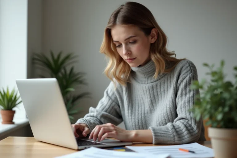 Femme remplissant un formulaire en ligne avec une adresse incluant l'abréviation appartement sur un ordinateur portable
