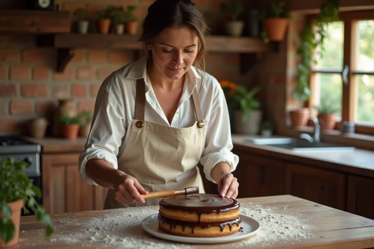 Femme préparant un gâteau au chocolat fait maison dans une cuisine rustique chaleureuse