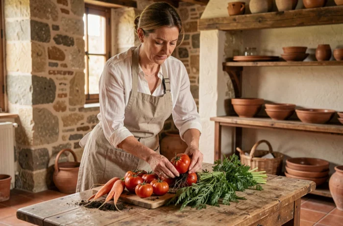 Femme arrangeant des légumes biologiques frais sur une table en bois dans une cuisine rustique de campagne française