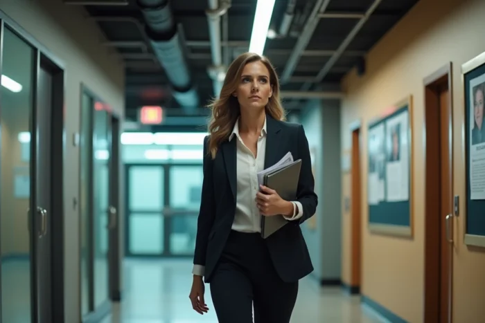 Femme professionnelle des médias marchant dans un couloir de studio de télévision, attitude déterminée et assurée