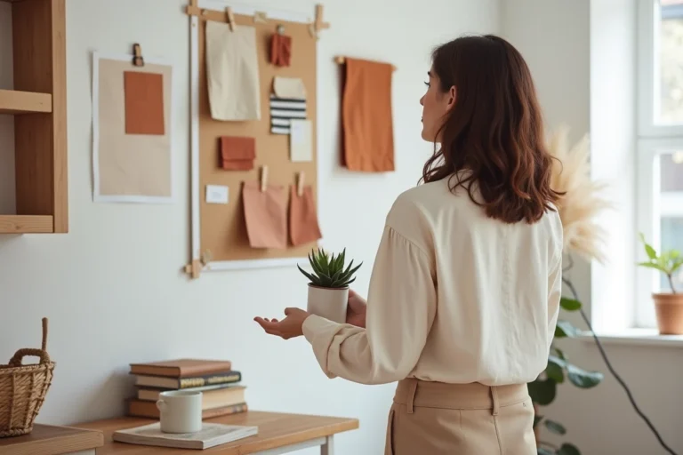 Femme créative étudiant un moodboard décoratif avec échantillons de couleurs et matières dans un studio de design intérieur