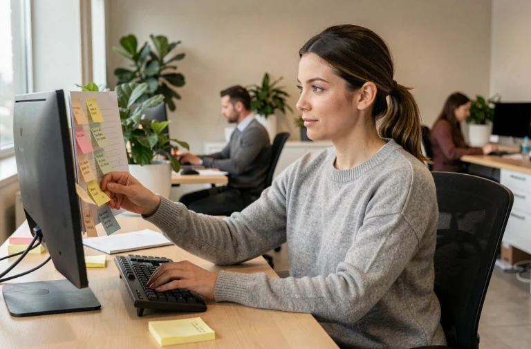 Femme organisée utilisant des outils de bureautique et des raccourcis clavier pour améliorer sa productivité au bureau