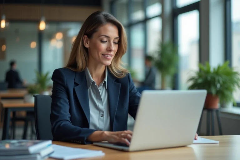 Femme professionnelle naviguant sur un site de presse économique depuis son bureau en open space
