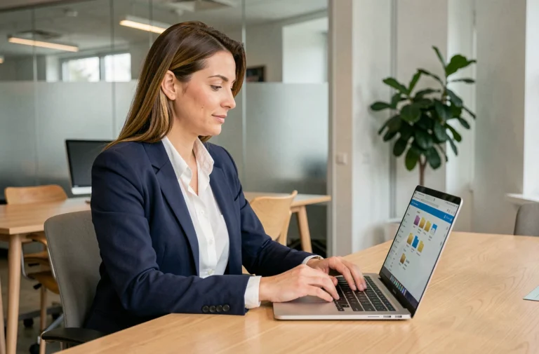 Femme professionnelle utilisant le webmail Convergence Bordeaux sur un ordinateur portable dans un bureau moderne