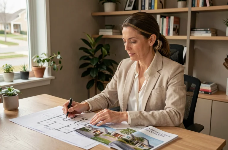 Femme consultant des plans immobiliers dans un bureau à domicile moderne pour préparer son projet immobilier