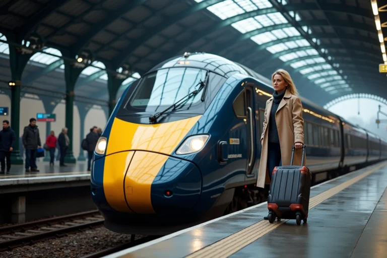Femme en imperméable beige marchant sur un quai de gare internationale devant un train Eurostar bleu et jaune