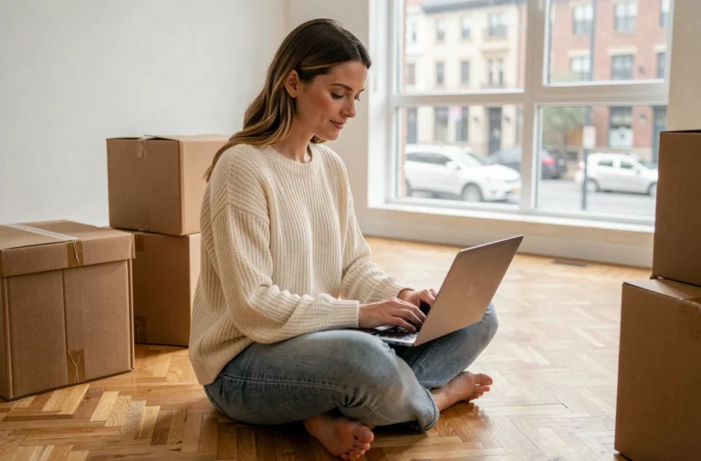 Femme cherchant un logement à louer sur une plateforme en ligne depuis un appartement vide