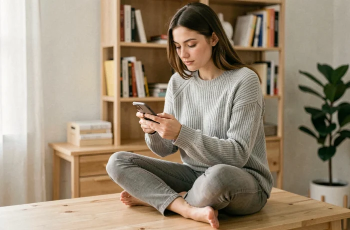 Jeune femme découvrant les nouvelles fonctionnalités Android sur son smartphone dans un bureau minimaliste moderne