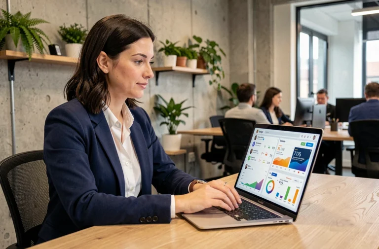 Femme professionnelle analysant des données de stratégie digitale sur un ordinateur portable dans un bureau moderne