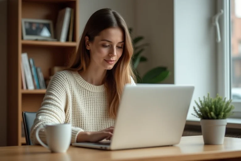 Femme travaillant à domicile sur son ordinateur portable dans un bureau à domicile confortable et bien organisé