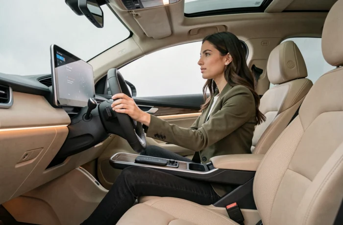 Femme au volant d'un véhicule électrique utilisant un système d'infodivertissement tactile haute technologie
