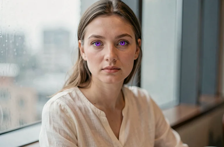Portrait en gros plan d'une femme aux yeux violets naturels, illustrant le phénomène rare de la couleur d'iris violette chez les célébrités