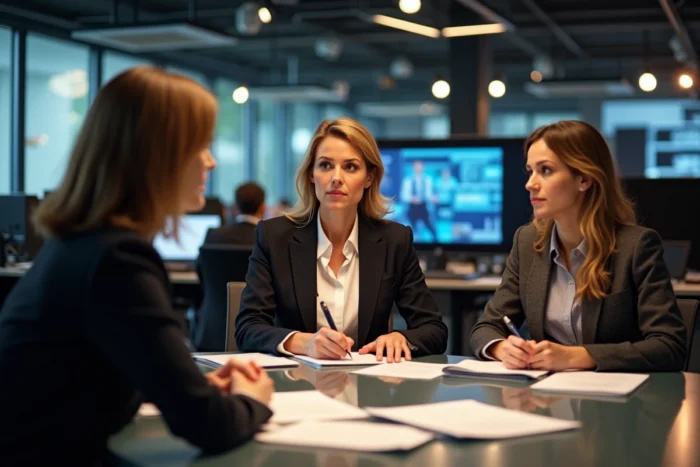 Femmes journalistes en réunion dans une salle de rédaction, discussion professionnelle et collaboration éditoriale