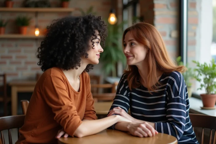 Deux femmes en conversation intime dans un café, symbolisant le lien émotionnel féminin fort et la connexion interpersonnelle rapide