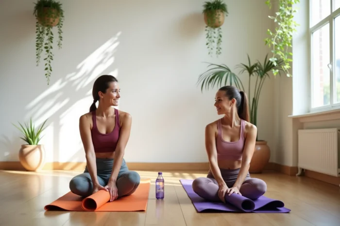 Deux femmes déroulant leurs tapis de yoga dans un studio lumineux, se préparant pour une séance de fitness collective