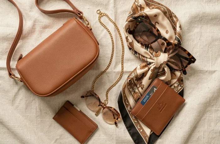 Flat lay d'accessoires tendance 2024 sur lin beige : sac bandoulière cognac, lunettes écaille, collier or, foulard soie et porte-cartes