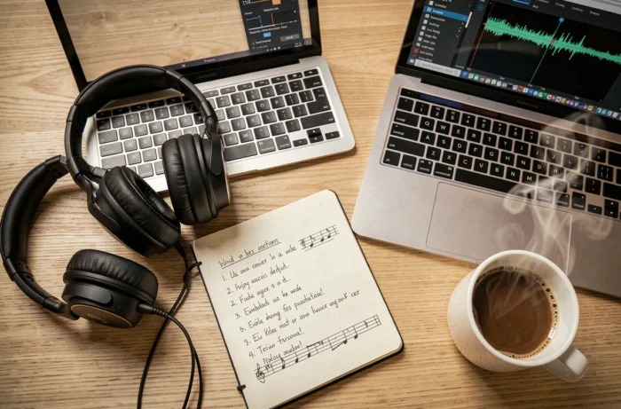 Vue en plongée d'un bureau avec un ordinateur portable, un casque audio et un carnet illustrant la conversion de fichiers audio YouTube en MP3