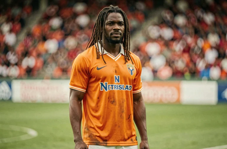 Portrait d'un footballeur légendaire en maillot orange des Pays-Bas sur un terrain de football, évoquant la carrière de Ruud Gullit