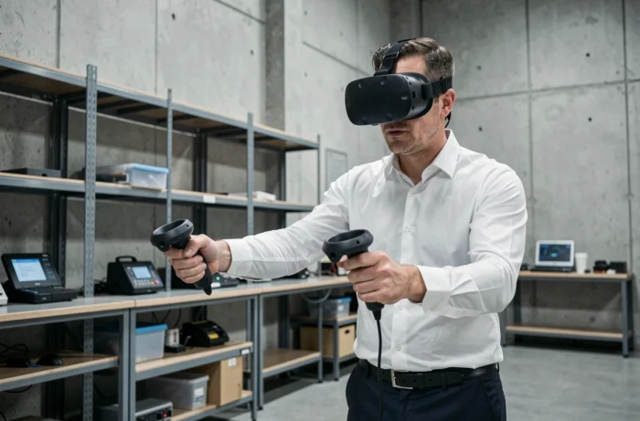 Ingénieur portant un casque de réalité virtuelle lors d'une session de formation professionnelle dans un laboratoire industriel moderne